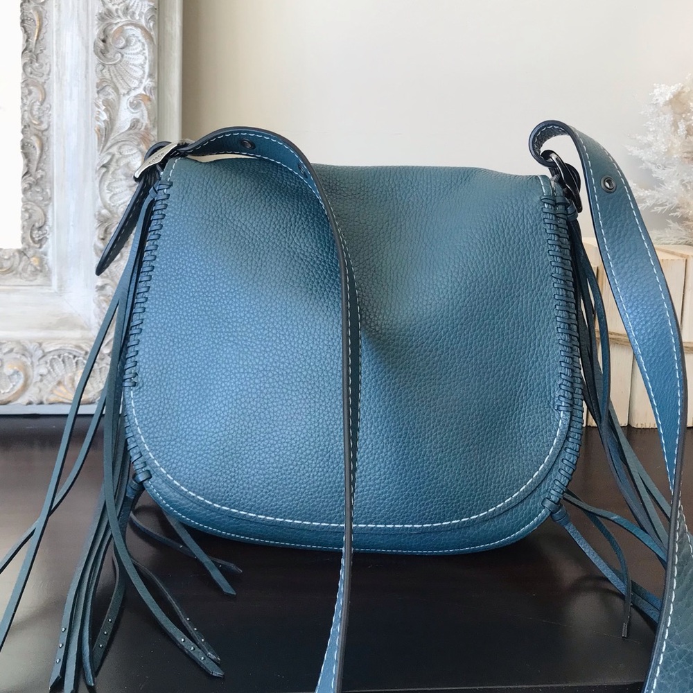 Coach 1941 Whiplash Stitch Studded Fringe Leather Saddle Crossbody Bag, Teal - Picture 16 of 16